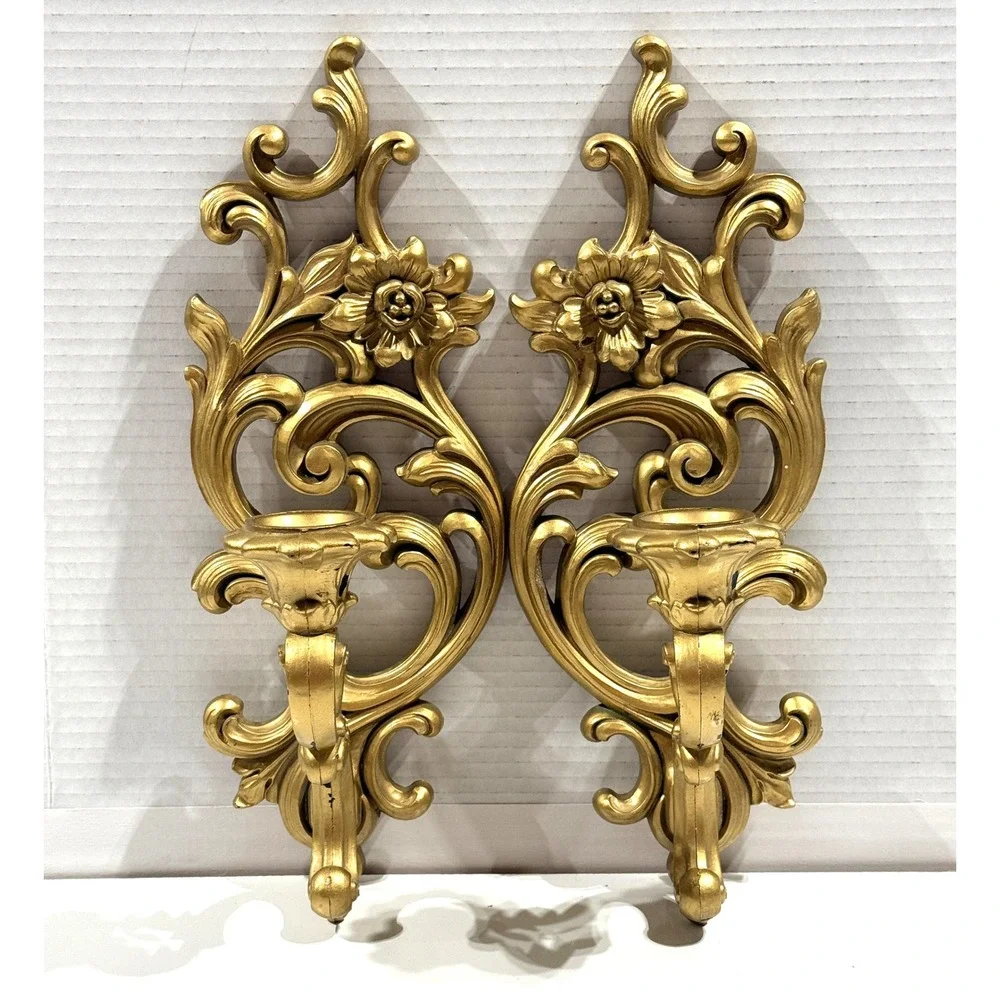 SYROCO VTG 1965 2 Gold Wall Candle Sconces 5183 Hollywood Regency Floral USA MCM